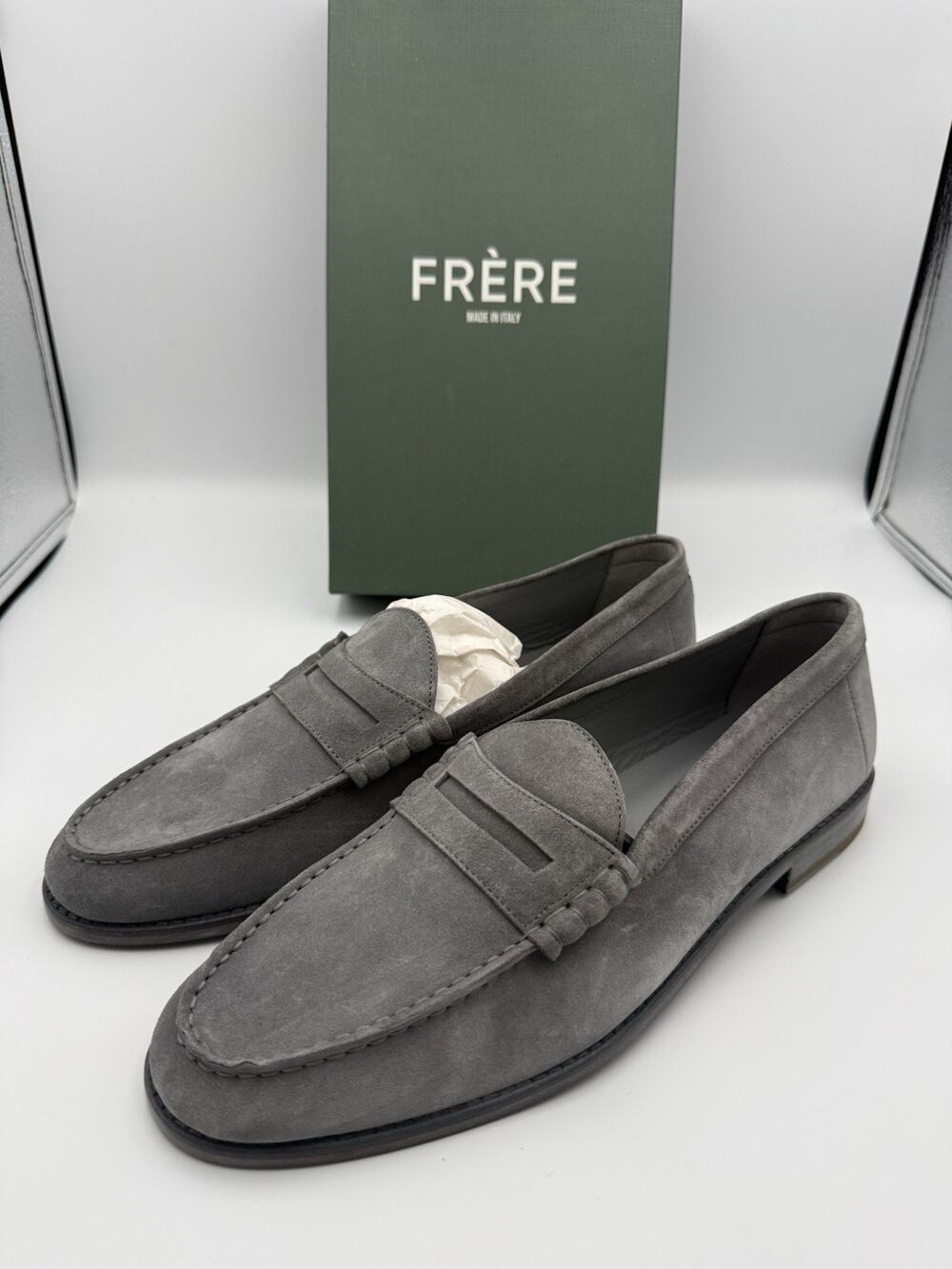 NIB FRERE Mens Suede Penny Loafers Grey Made in Italy EU 45 US 12